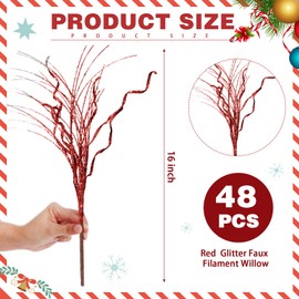 Craftsatin Christmas Glitter Curly Tree Picks Wispy Willow Stem Glittered Twigs Decor Wreath Garland Floral Arrangement Glitter Stems for Xmas Tree Decor(Red,48 Pcs)