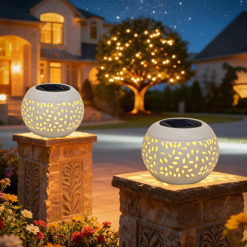 Solar Powered Table Light Waterproof - White Metal Retro Hollowed-Out