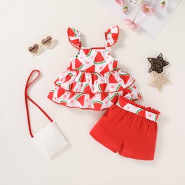 YOUNGER TREE Toddler Baby Girl Clothes Ruffle Sleeveless Strap Dress Tank Shorts Set Summer Outfits With Bag(Watermelon,18-24 Months)