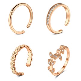 JFORYOU 4Pcs Toe Rings for Women,Silver Rose Gold Adjustable Classic Circle Type Cubic Zirconia Band Flower Open Toe Ring Beach Foot Jewelry