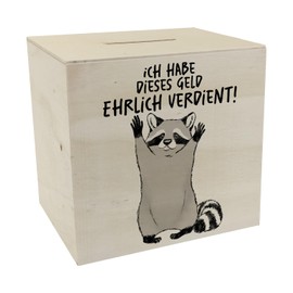 Wooden Raccoon Money Box with Saying Ich Habe Dieses Geld ehrlich verdient EIN Funny Piggy Bank for Change Funny Men Birthday Robber Money Box Saying Cute Motif