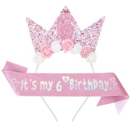 Moguri Birthday Crown for Girls, Set of 2 Headband and Glittering Sash, Perfect Crown for 6th Birthday in Pink, for Children's Birthday