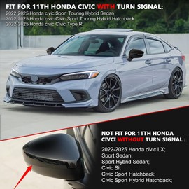 1 Pair Side Mirror Covers Cap Housing Compatible with 2022-2025 11th gen Honda Civic Touring Sedan, Sport Touring Hatchback,Type R with Turn Signal Model (Black, Normal)