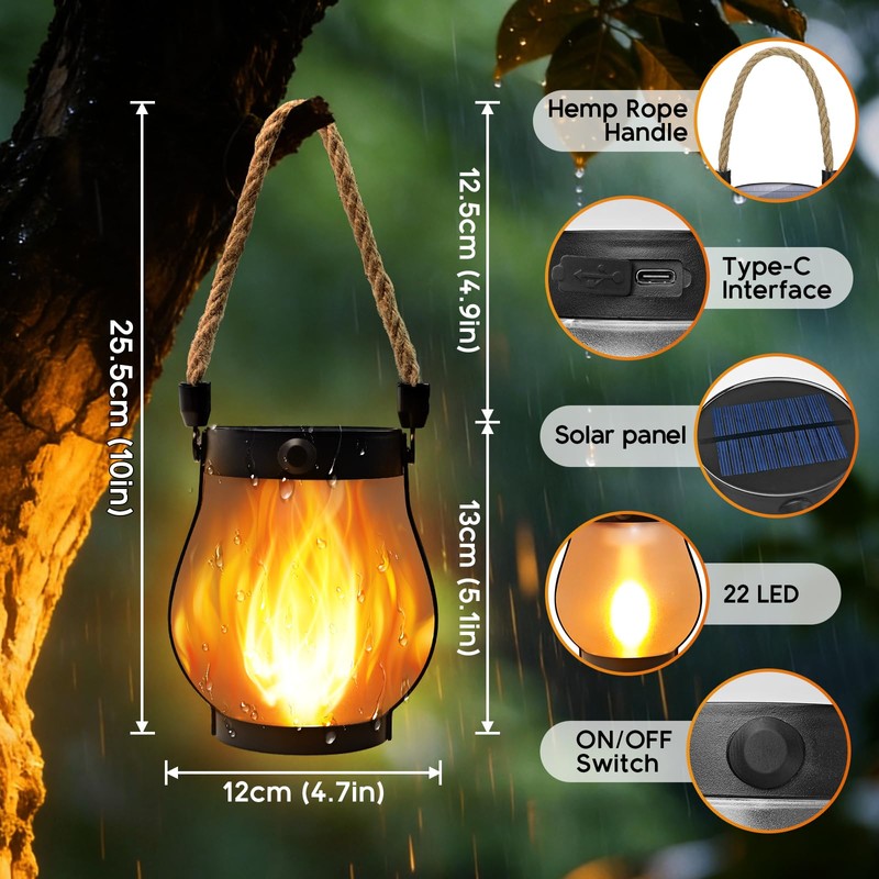Idealife Solar Outdoor Lanterns with Realistic Flickering Flame,2 Pack