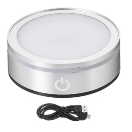 PATIKIL LED Light Base Non-Slip Round Display Stand, LED 6 Lighting Mode Multicolor Flat Light Base for Glass Ball 3D Crystal Party Decoration, Silver