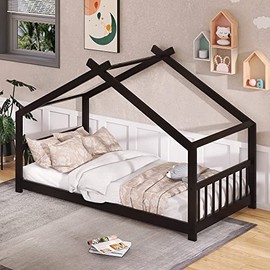 House Bed for Kids, Wood House Twin Platform Bed with Headboard and Footboard, Toddler House Twin Bed Frame Montessori Crib. No Box Spring Needed (Twin, Espresso)