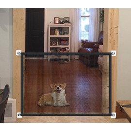 Dog Gates for The House, Portable Magic Pet Gates for Doorways, Stairs, No Drill Durable Mesh Puppy Gate Safety Fence Guard, 43.5" W X 31" H, 6 Hooks