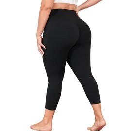 Plus Size Capri Leggings with Pockets, Womens Black Yoga Pants Tummy Control, Butt Lifting Workout Clothes Stretchy Gym Capris High Waist 3X