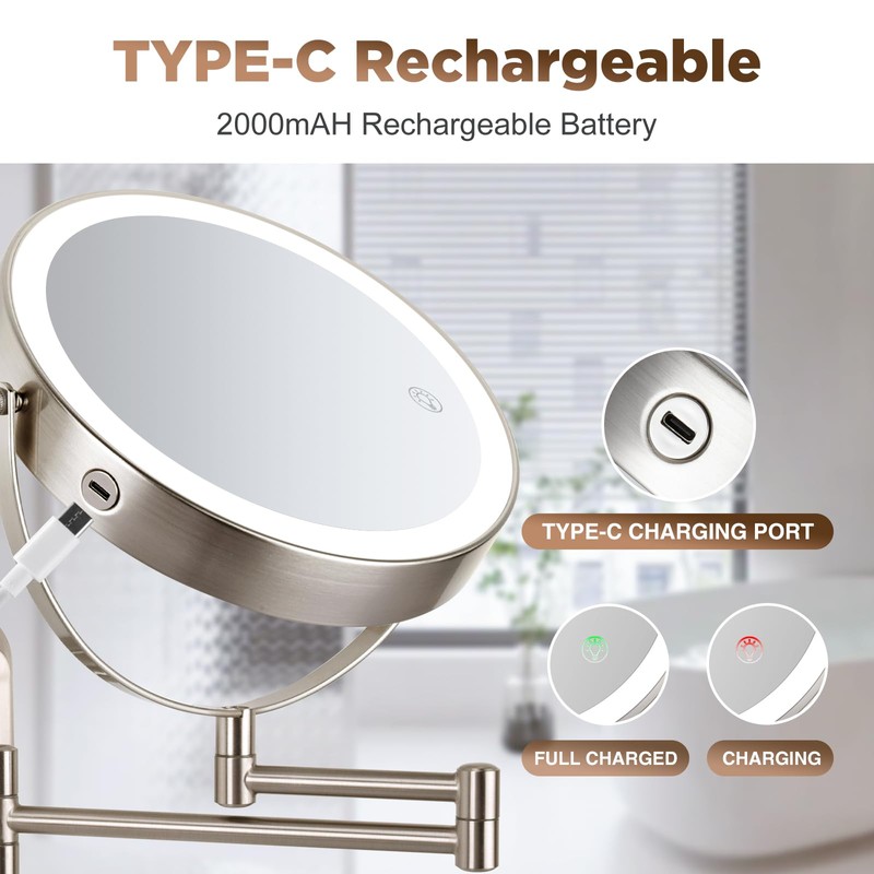 30X Wall Mounted Makeup Mirror with Lights,3 Color Modes Dimmable