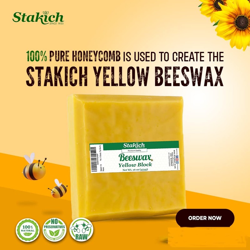 Stakich Yellow Beeswax Block - Natural, Triple Filtered - 1