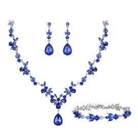 EleQueen Wedding Jewelry Set for Women Bride Bridesmaid, Stunning Marquise Rhinestone Crystal Floral Leaf Vine Pendant Necklace Dangle Earrings Bracelet Set for Prom Party Blue Silver-Tone