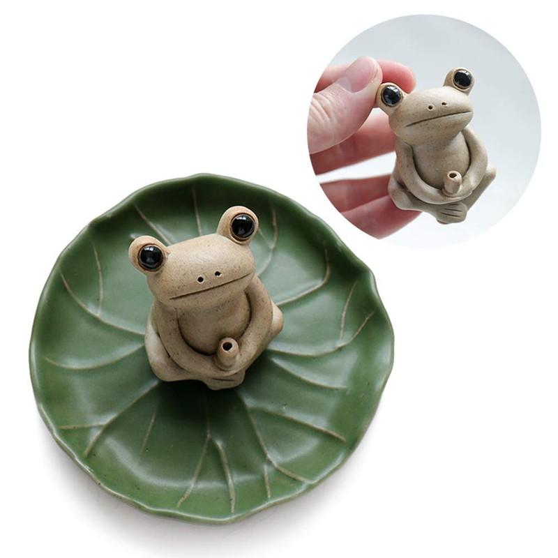 NAGU 100% Handmade Ceramic Stick Incense Burner Holder,Small Frog Incense,Lotus
