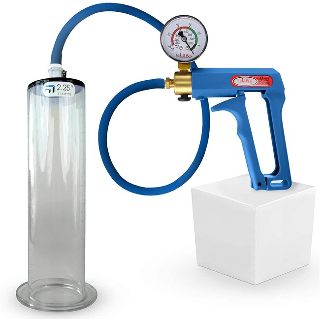 LeLuv Maxi Penis Pump Premium Blue Hose Plus Gauge with 9 inch x 2.25 inch Wide Flange Cylinder
