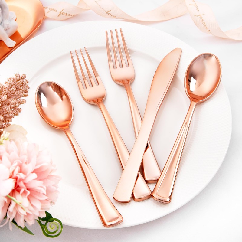 Liacere 100Pack Rose Gold Plastic Silverware - Pre Rolled Napkins