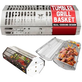 KANKA Stainless Steel Open Fire Tumbler – BBQ Basket for Grilling Veggies, Wings & More - Use closed or split into 2 baskets - Includes separator - Works with all KANKA Grills & Accessories