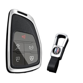 KUNIO Car Key Fob Cover Case Compatible with Chevy Silverado Traverse Equinox Sierra 1500 2500HD 3500HD 2022-2025 PU Leather Key Holder Key Shell Keychain 3/5/6/7 Buttons Accessory-Silver Black