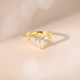 Titaniumcentral Engagement Ring for Women V-Shape Curved Narrow Marquise and Round Cubic Zirconia Wedding Promise Ring for Her (Gold,Size V 1/2)