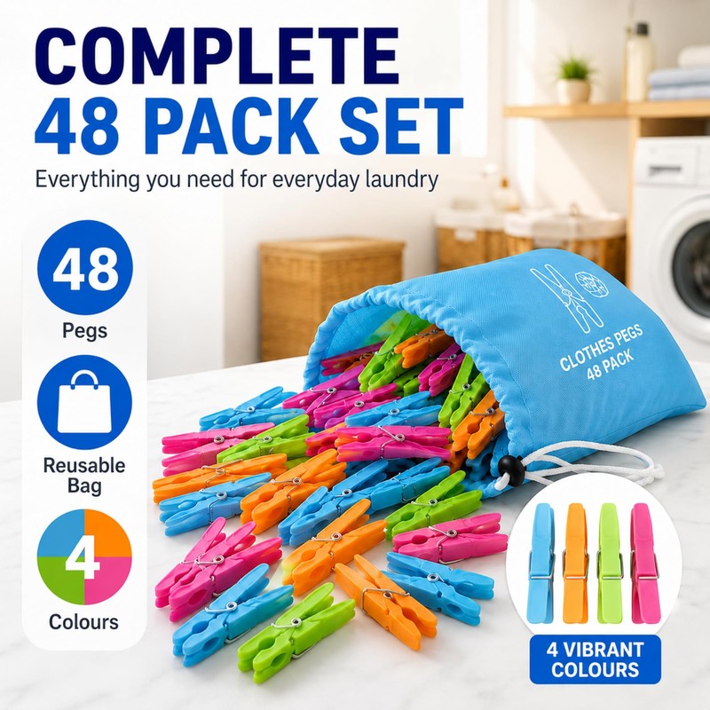 48 Pack Clothes Pegs for Washing Line with Bag, Extra