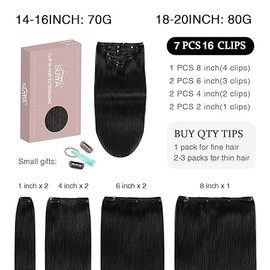 SUYYA Clip-In Real Hair Extensions, Salon Remy Human Hair Extensions, Straight Straight Hair Extensions, Clip, Double Stitched, 22 Inches, 55 cm, 7 Pieces, 100 g, #1 Deep Black