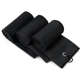 Yisica 3 Pack Microfiber Golf Towels (40x40cm) with Carabiner Clip, Convenient Golf Cleaning Towel, Waffle Pattern Tri-fold Set