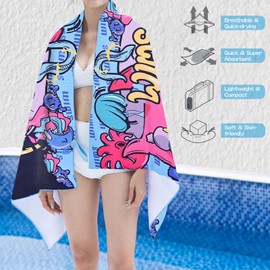 ILLUVA Microfiber Beach Towel, Compact Beach Towel Quick Dry, Blue Sand Free Travel Beach Towels with Buckle to Used as Poncho & Hanging Strap for Easy Carry, 150cm x 70cm