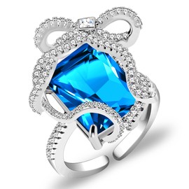 Uloveido Silver Color Crystal Bowknot Blue CZ Large Cocktail Rings Open Butterfly Bow Bowknot Statement Rings Party Favor for Women Teen Girl YB4533 (Blue)