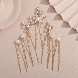 Teyglen Gold Pearl Crystal Wedding Hair Pins Handmade Rhinestone Hair Piece Bridal Hair Pins Clips for Bride Pearl Headpiece for Women Party Prom Hair Accessory (Gold)