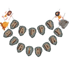 Fun Caveman Themed Happy Birthday Banner Prehistoric Man Birthday Banner Old Stone Age Cavern Fresco Birthday Party Decorations for Kids Girls Boys Birthday Party Baby Shower Party Supplies