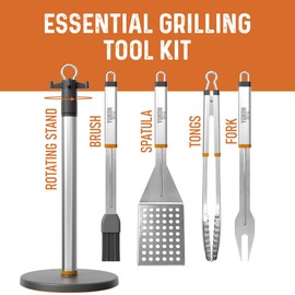 Yukon Glory Stainless Steel BBQ Tool Set with Rotating Stand & Drip Pan – Complete Grill Tool Kit with Spatula, Tongs, Fork & Brush – Durable, Easy to Clean – Great Gift for Men Who Love Grilling