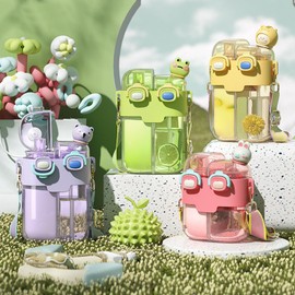 Kawaii Water Bottle Fashion Plastic Double Drinking Water Bottle with Straw Adjustable Strap for Outdoor Sports Travel Lavender Purple 780ml