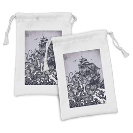 Ambesonne Nautical Fabric Pouch Set of 2, Kraken Octopus Tentacles Ship Sail Old Boat in Ocean Waves, Small Drawstring Bag for Toiletries Masks and Favors, 9" x 6", Indigo Purpleblue