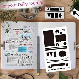 DXIA 24 Pack Journal Stencils, Mixed Journal Stencils Kit, Portable Planner Stencils, Stencils for Crafts Reusable, Bullet Journal DIY Accessories for Journals, Albums, Scrapbook