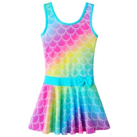 Traje de baño de una pieza UPF 50+ con falda floral modesto vestido de natación de playa de 3 a 11 años, Lazo de arco iris, 5-6 Años