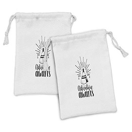 Ambesonne Saying Fabric Pouch Set of 2, Adventure Theme Prehistoric Culture Style Tent with Typography Wigwam Illustration, Small Drawstring Bag for Toiletries Masks and Favors, 9" x 6", White Black