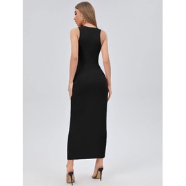 Verdusa Women's Basic Round Neck Sleeveless Solid Bodycon Maxi Long Dress Black M