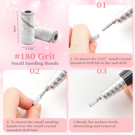 200 Pcs Nail Drill Bits Small Sanding Bands with 2 Pcs 3.1mm Mandrel Bit, 180/240 Fine Grit Mini Sanding Bands Nail File for Acrylic Nails Gel Manicures and Pedicure (White, 180 Grit)