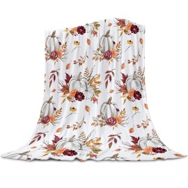 Fall Fleece Blanket Warm Pumpkins Throw Blanket Thanksgiving Harvest Pumpkin Maple Leaves Flowers Fall Fuzzy Bed Blanket Comfy Flannel Blanket,Fall Lightweight Blanket for Couch,Bed,Sofa,40x50 Inch