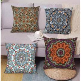 BAOKU Colorful Vintage Mandala Cushion Covers,Dark Purple Flora Decorative Pillow Covers Cushion Case Outdoor Sofa Garden Pillow Covers for Couch Living Room Bed Indoors Home Decor Set of 4