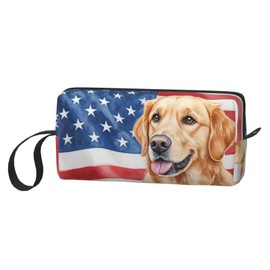 OLUSENMO Golden Retriever American Flag Makeup Bag Small Compact & Durable Travel Cosmetic Bag Organizer Oxford Fabric Impact-Resistant Multi-Purpose Storage Perfect for Travel, Gym, Daily Use