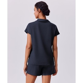 PINSPARK Womens Two Piece Outfits Summer Sweatsuit V-Neck Polo Top Sweat Shorts with Drawstring Pullover Lounge Sets Casual Travel Outfits, Navy Blue L