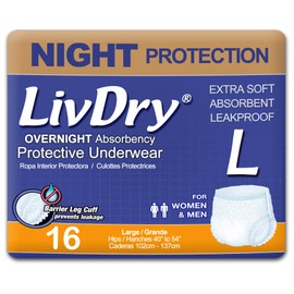 LivDry Adult Diapers Large Incontinence Underwear, Overnight, Leak Protection, 16-Pack