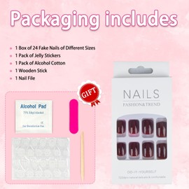 Sokfone Press on Nails Short Square Fake Nails Burgundy False Nails Glossy with Designs Stick on Nails Full Cover Reusable Acrylic Nails for Women 24Pcs