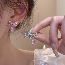 Atentuyi Silver Bow Stud Earrings Bridal Pink Crystal Drop Earrings Wedding Square Cz Dangle Earrings Vintage Ribbon Bowknot Earrings Jewelry for Women and Girls