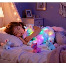 Hopearl Unicornio de peluche LED con iluminación, mamá unicornio con 3 unicornios bebés en su barriga, juego de animales de peluche con luces de noche que brillan en la oscuridad para mamá, niñas