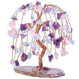 TUMBEELLUWA Healing Crystal Money Tree with Agate Slices Base Polishing Tumbled Gemstones Tree Bonsai Feng Shui Decor for Luck and Wealth, Tricolor