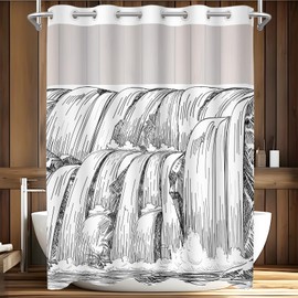 Wyljljy White and Black Shower Curtain No Hook, Aesthetic Shower Curtain with Snap in Liner, Double Waterproof Set with See Through Mesh Top Window, Waterfall Stripe, 71" x 74" (White)