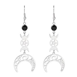 Triple Moon Goddess Pentagram Crescent Moon Pendant Earrings Amulet Wiccan Jewellery Stainless Steel Jewellery Gift Girl Woman, Stainless Steel
