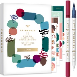 Primrosia 12 Dual Tip Watercolor Marker Pens - Fine Tip & Brush Tips, Professional Quality, 4 x Sticker Sheets, Blendable, Non-Toxic, Perfect for Calligraphy, Drawing, Coloring. (Alpine Set)