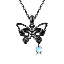 YAFEINI Skull Butterfly Necklace Sterling Silver Black Butterfly Pendant Gothic Skull Jewelry for Women