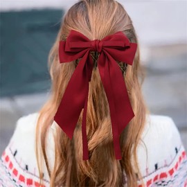 Inateannal Hair Bands for Women Large Satin Bow Hair Clips Silky Satin Hair Bow Clips Red Bowknot Hair Clip Long Tail Bow Hair Accessories Silky French Hair Bow Barrettes